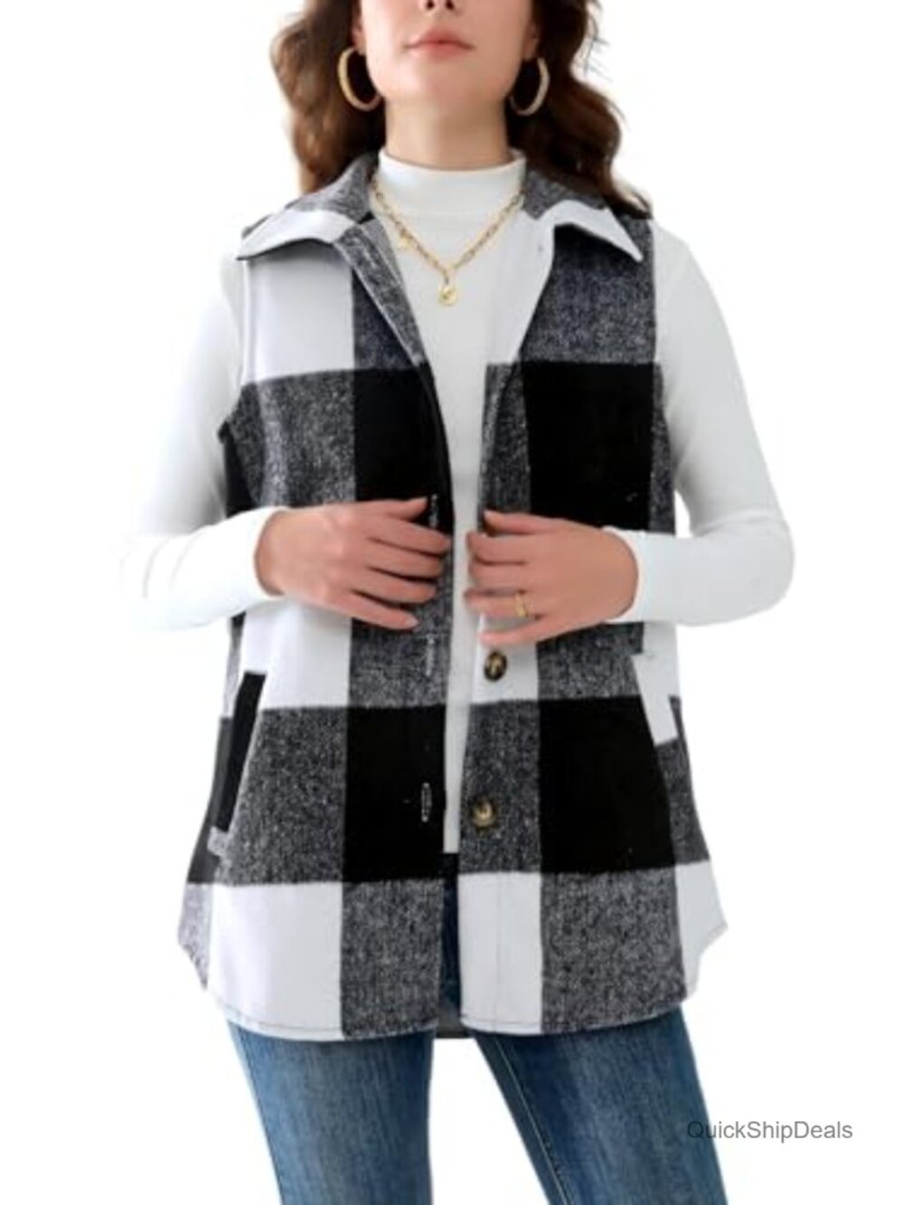 Women's Plaid Sleeveless Button Down Vest with Pockets
